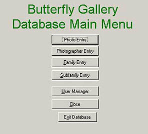 Butterfly Gallery Database Main Menu