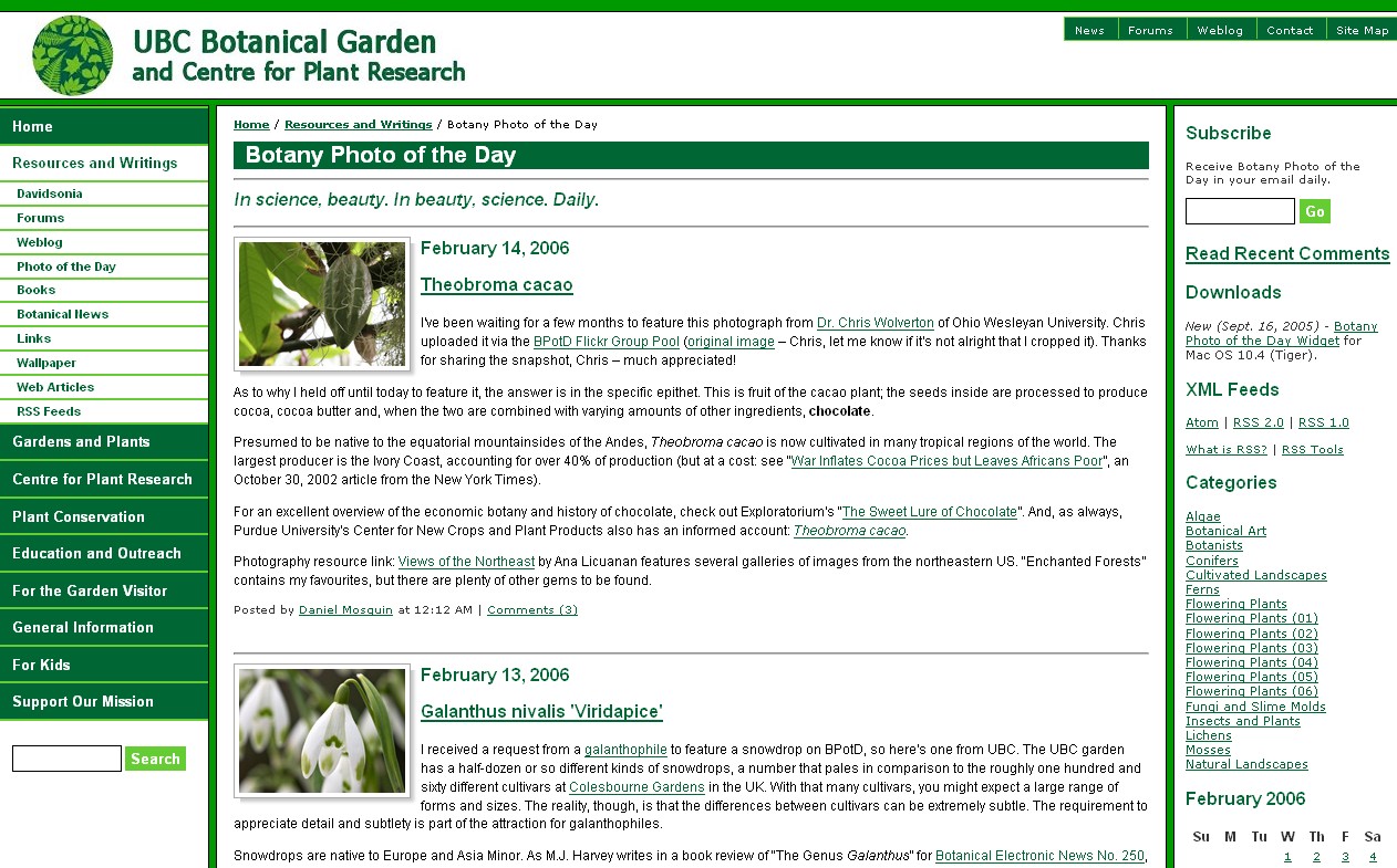 Fig. 2: Botany Photo of the Day main page http://www.ubcbotanicalgarden.org/potd/
