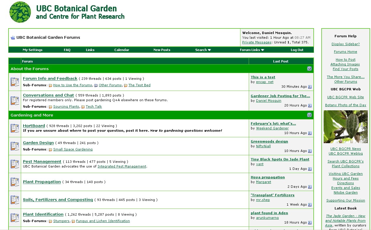 Fig. 4: UBC Botanical Garden discussion forums displaying Botany Photo of the Day image thumbnail in sidebar http://www.ubcbotanicalgarden.org/forums/