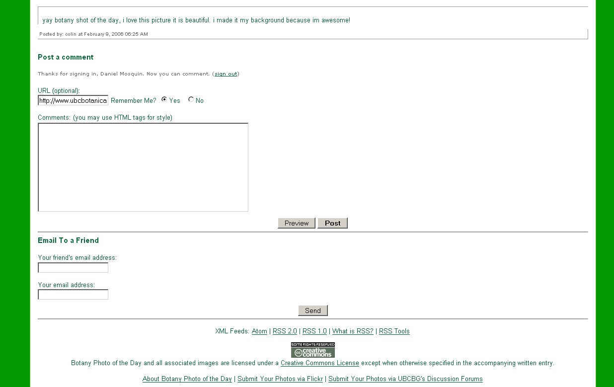 Fig 5: Botany Photo of the Day example comments and comment submission form