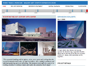Various art museum Web treatments for special sections about building expansions