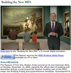 Various art museum Web treatments for special sections about building expansions