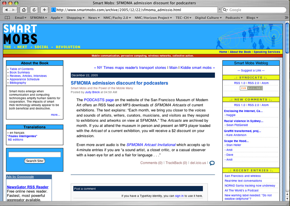 Fig. 4: A SmartMobs posting about an SFMOMA Artcast, December 22, 2005