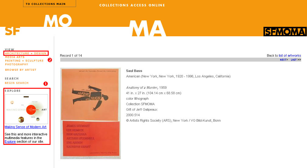 Fig 10: SFMoMA Web site - example of a page used for user-testing