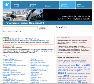 Fig 2.1 Home page showing search box at upper left, category navigation at bottom left, and tag cloud at bottom right (http://www.powerhousemuseum.com/collection/database)