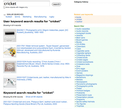 Fig 2.2 Search results showing similar searches, search results in user keywords, search results in general catalogue, and applicable filters to refine searching