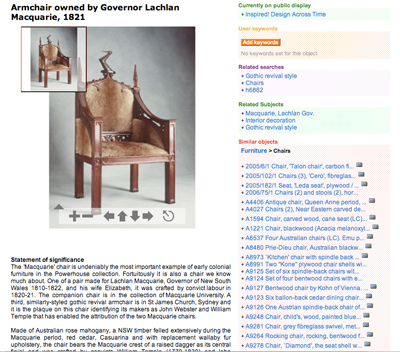 Fig 2.3 Object view showing user keyword pane, related searches, related subjects and similar object pivot points (http://www.powerhousemuseum.com/collection/database/?irn=246808)