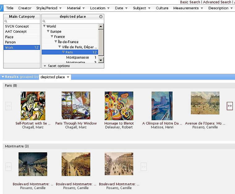 Fig 3: Facet browser snapshot, showing art works depicting &ldquo;Paris&rdquo;