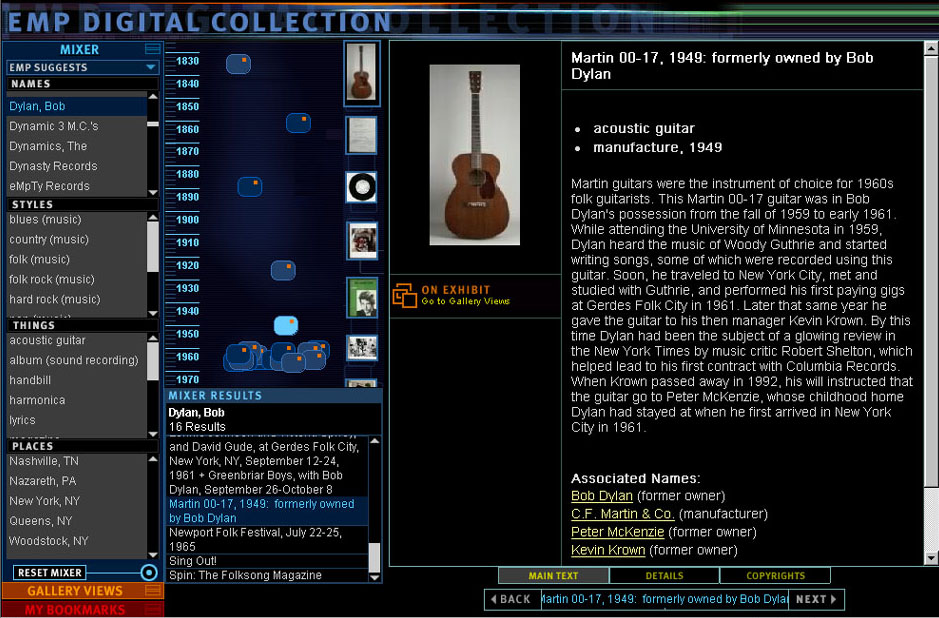 The EMP Digital Collection interface, featuring Martin 00-17, 1949: formerly owned by Bob Dylan