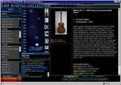 The EMP Digital Collection interface, featuring Martin 00-17, 1949: formerly owned by Bob Dylan