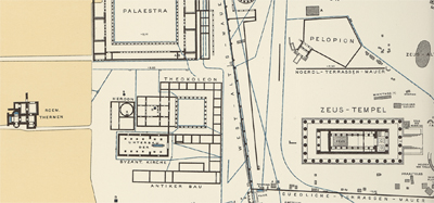 Fig 1: Detail from an excavation map of the site of Olympia, Adler & Curtius 1896. 