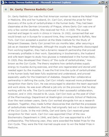 Dr. Gerty Theresa Radnitz Cori's biography in text