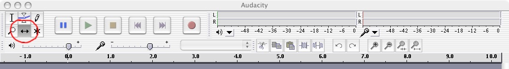 Fig 11: Audacity toolbar with �Time Shift� button circled