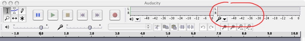 Fig 3: Audacity toolbar with �levels� display circled