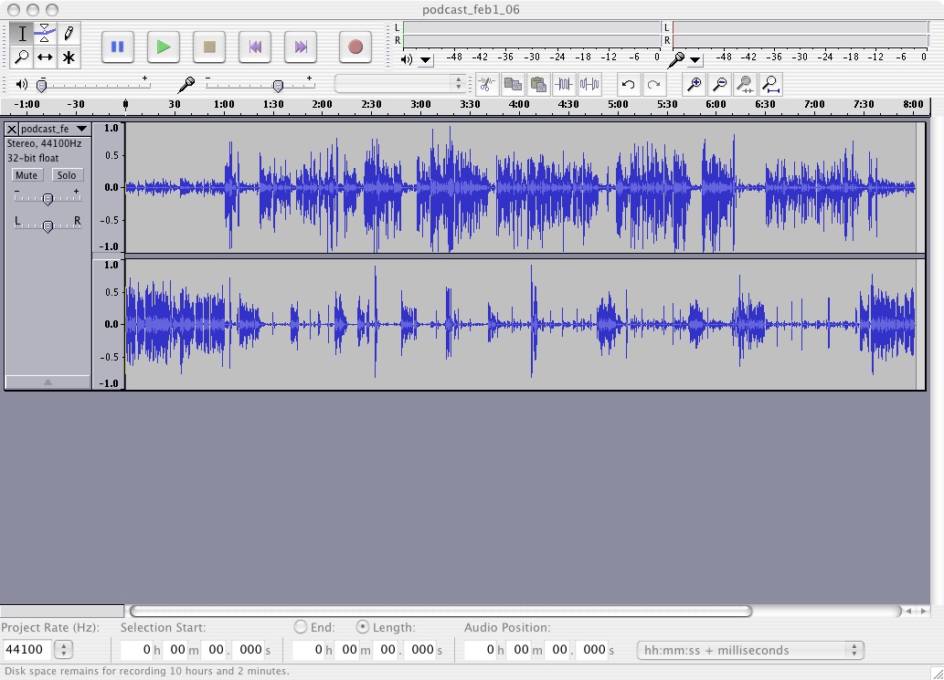 Fig 5: Audacity displaying a recording from two microphones.