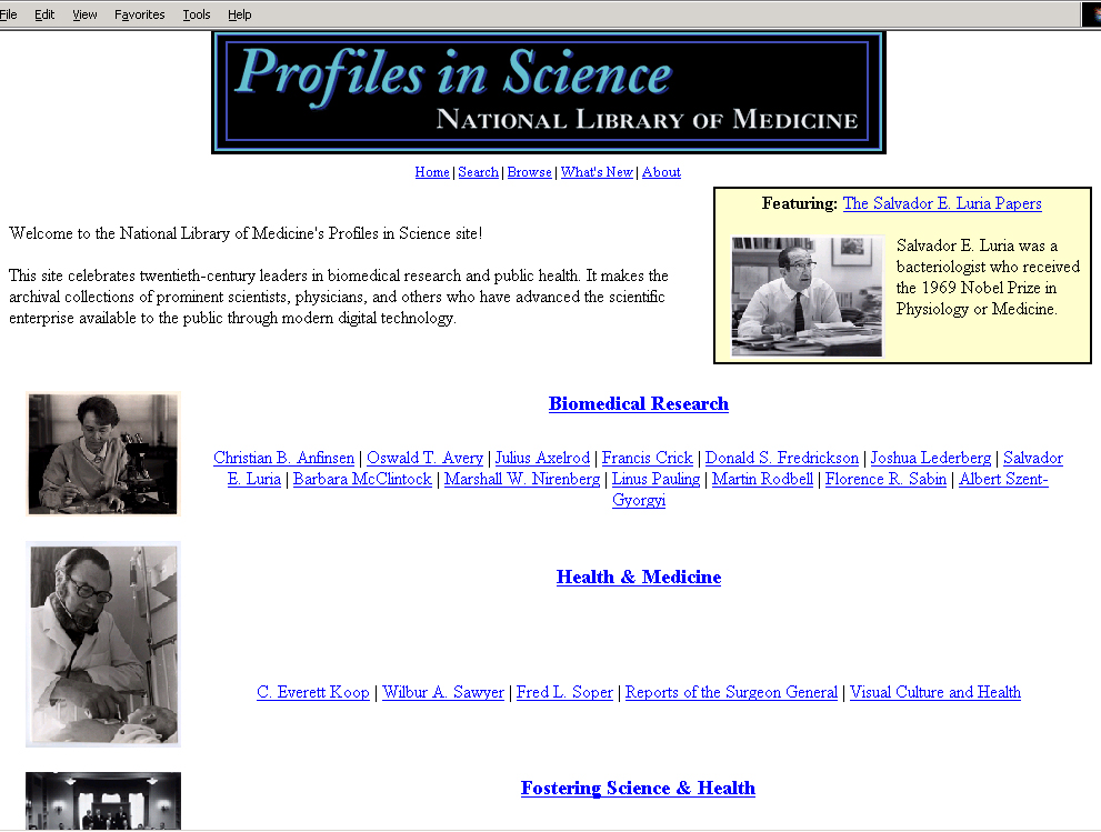 Fig 1: Home page of Profiles in Science Web site.