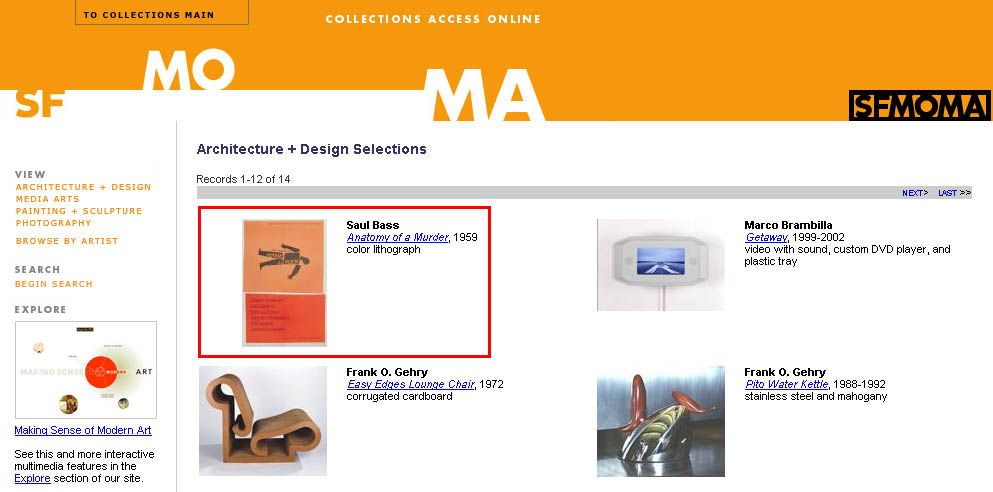 Fig1: SFMoMA Web site - Examples of complex semiotic unit
