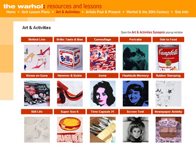 Fig 1: The One Day Art and Activities page of The Warhol Resources and Lessons Web site http://edu.warhol.org/aract.html