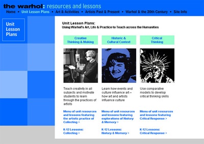 Fig 2: The Menu page for Unit Lesson Plans of The Warhol Resources and Lessons Web site http://edu.warhol.org/ulp.html