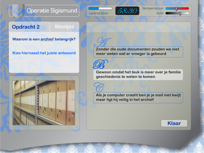 Fig 17 : Design for the interface of the Digital Archivist. The Digital Archivist is the computer-based system that steers all pupils’ actions throughout the game.