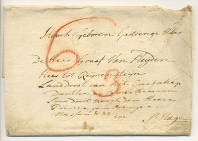 Fig 4 : Record from Sigismund’s personal archive: envelope folded from paper as was customary in the second half of the 18th century. The letter has been sent to Sigismund’s private residence; all Sigismund titles are used in the address but there’s no physical location mentioned.