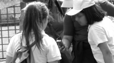 Fig 6: Students gather around the phone to assess the photographic evidence.
